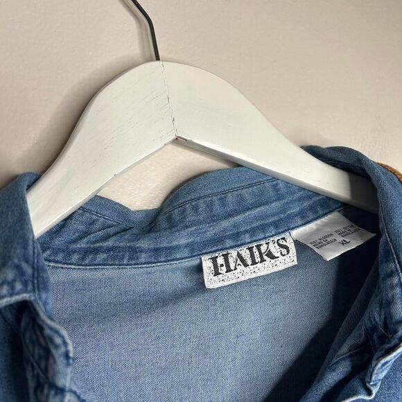 vintage 90s 1990s retro fall autumn Scarecrow patchwork denim button-up shirt xl - Picture 5 of 8